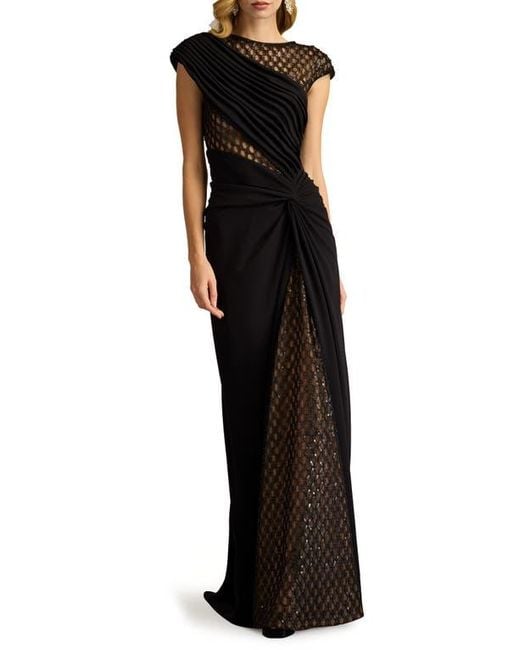 Tadashi Shoji Mixed Media Cap Sleeve Crepe Gown in Black | Lyst