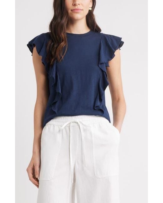 Caslon Blue Cascade Ruffle Cotton Blend Top
