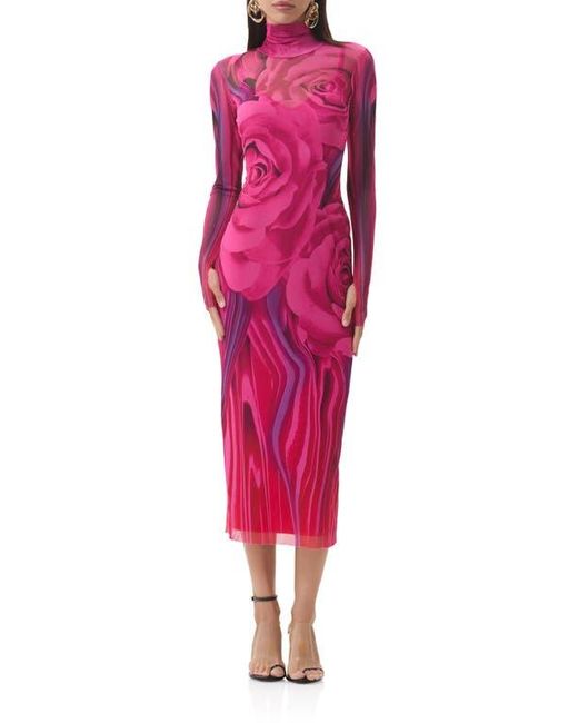 AFRM Red Shailene Print Long Sleeve Powermesh Body-Con Midi Dress