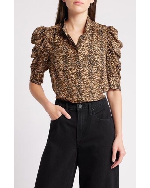 FRAME Black Gillian Leopard Print Puff Sleeve Silk Top