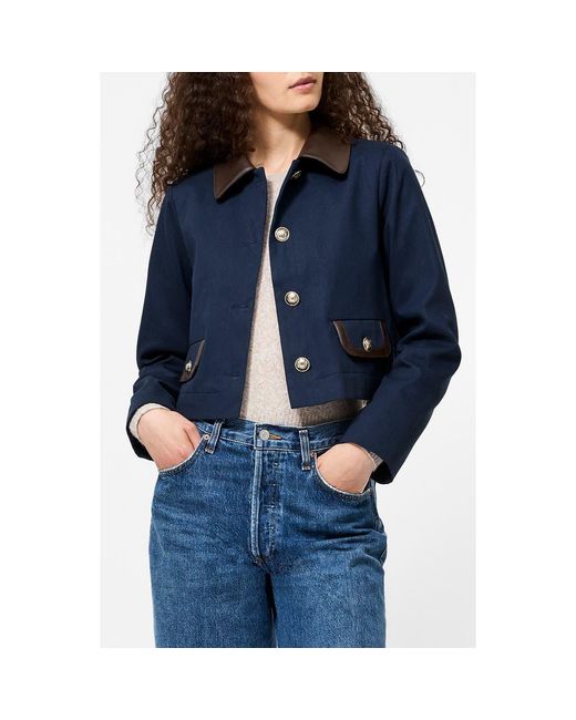 French Connection Blue Denim Jacket With Faux Leather Trim