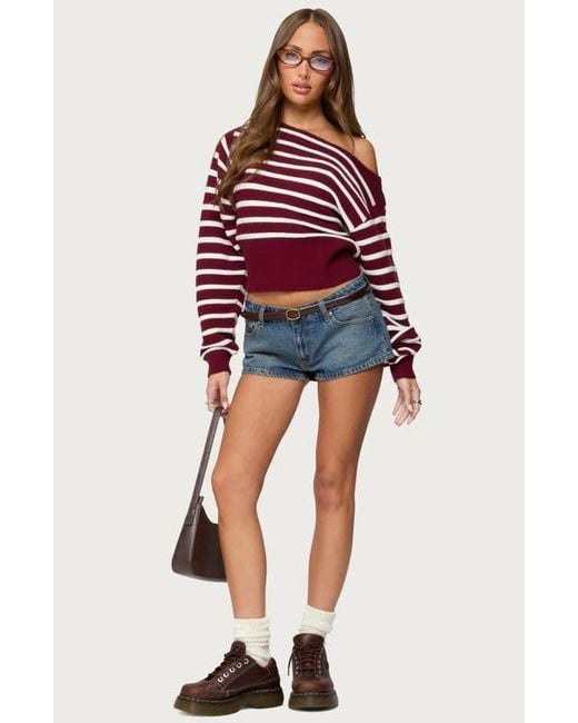 Edikted Red Mika Stripe Oversize Off The Shoulder Sweater