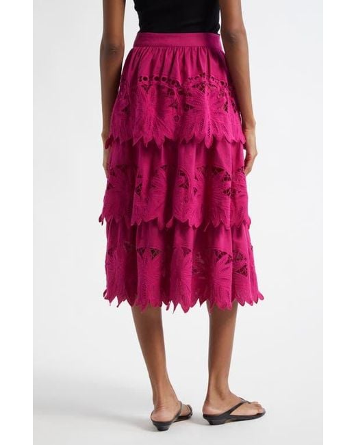 Farm Rio Pink Daisy Guipure Lace Cotton & Linen Tiered Skirt
