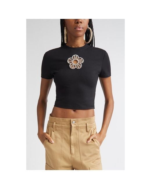 Area Blue Crystal Flower Cutout Crop T-Shirt