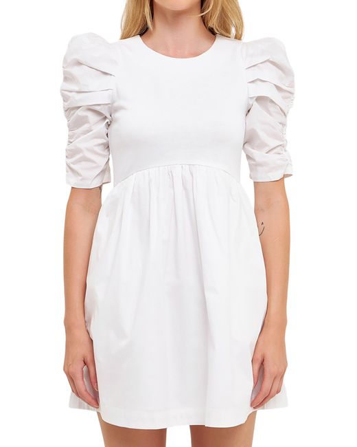 English Factory White Ruched Puff Sleeve Cotton Dress