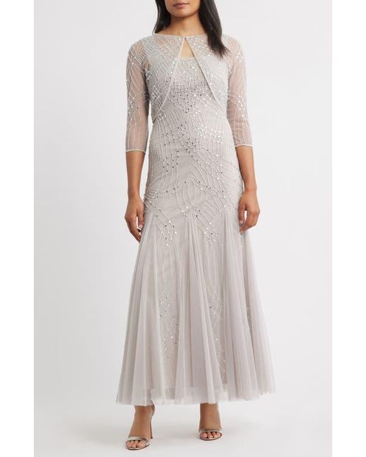Pisarro Nights Metallic Beaded Gown With Long Sleeve Jacket