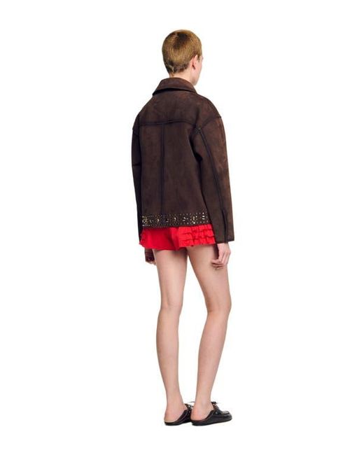 Sandro Red Studded Suede Leather Jacket