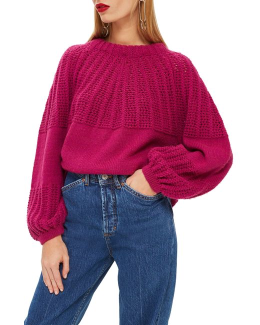 TOPSHOP Red Pointelle Ball Sleeve Sweater