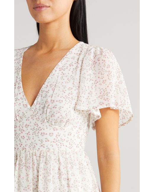 All In Favor Floral Print Tiered Minidress In White/pink Ditsy Rose At Nordstrom, Size X-large