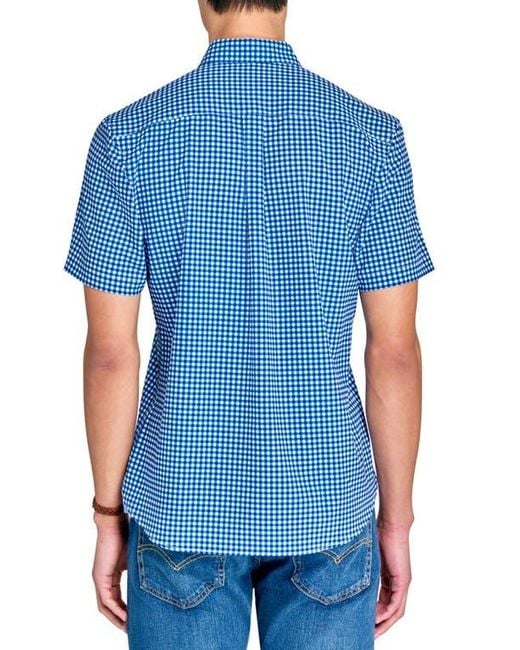 Con.struct Blue Slim Fit Mini Check Recycled 4-Way Stretch Performance Short Sleeve Shirt for men