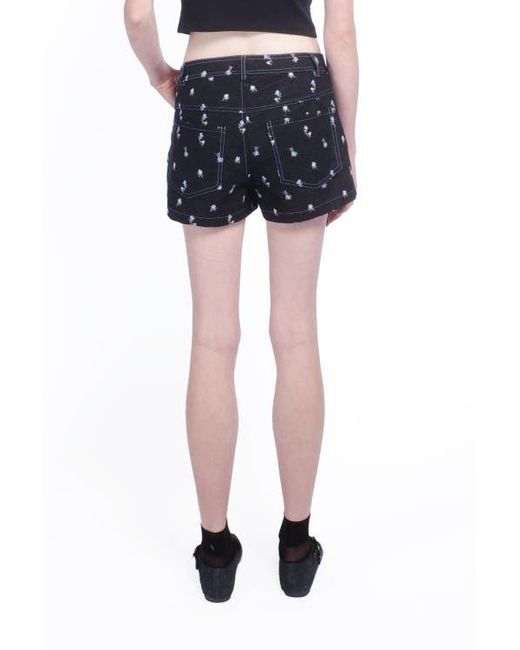 Anna Sui Blue Denim Embroidered Roses Shorts