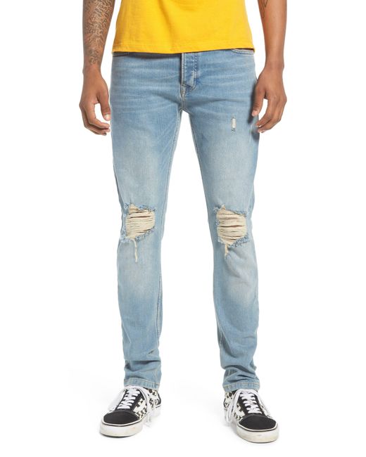 Topman Blue Ripped Stretch Skinny Fit Jeans for men