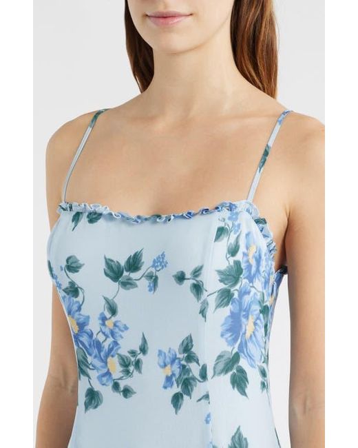 Reformation Blue Lilibet Floral Ruffle Trim Midi Dress