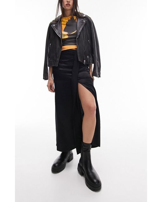 TOPSHOP Black Ruched Front Vent Satin Maxi Skirt