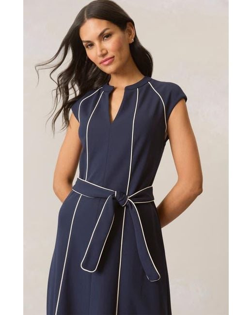 Maggy London Blue Contrast Piped Belted Midi Dress