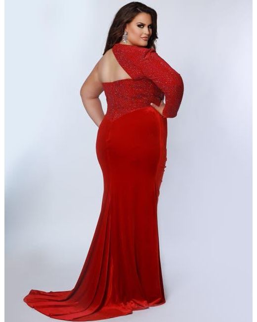 Johnathan Kayne for Sydneys Closet Red One Shoulder Long Sleeve Plus Size Evening Gown