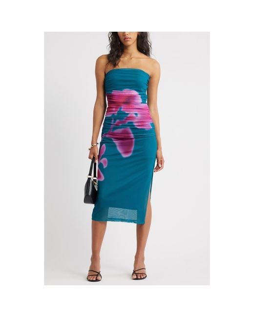 Open Edit Blue Ruched Strapless Mesh Dress