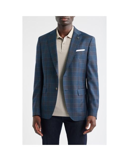 BOSS Men's Blue Hutson Slim Fit Plaid Virgin Wool Sport Coat