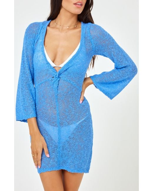 L*Space Blue Palisades Long Sleeve Sheer Cover-up Minidress