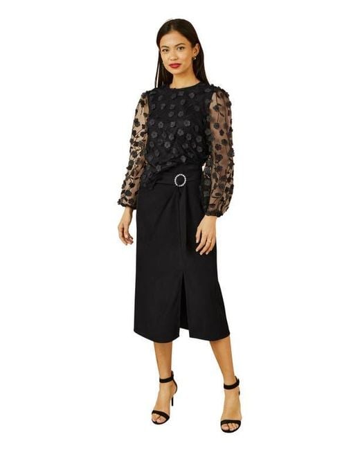 Yumi' Black Long Sleeve Sheer Floral Top