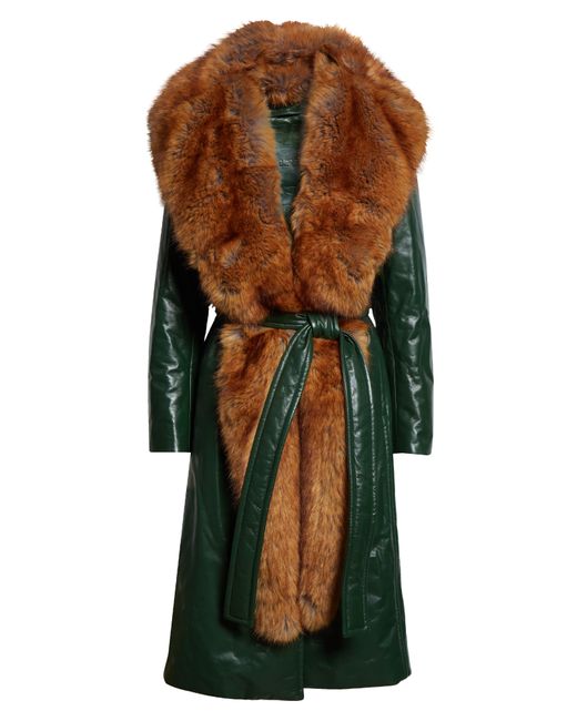 Burberry Orange Padded Leather Wrap Coat With Faux Fur Scarf & Hood