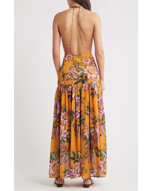 Farm Rio Orange Wonderful Bouquet Halter Maxi Dress