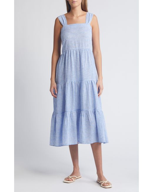 Beach Lunch Lounge Blue Lina Stripe Linen & Cotton Tiered Midi Sundress