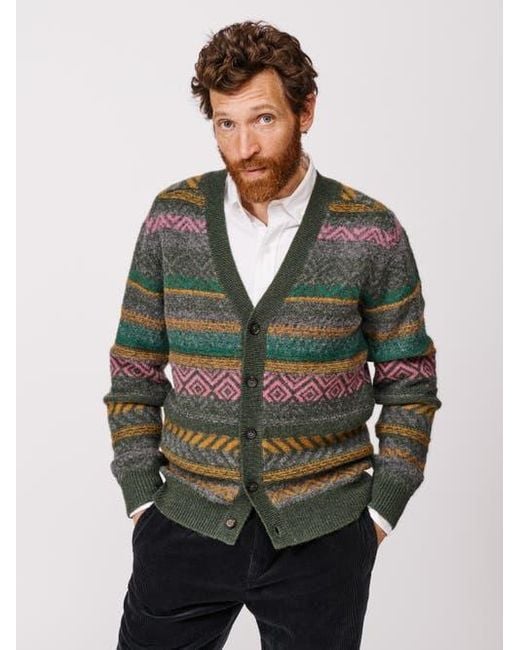 aubi Green Fair Isle Wool Cardigan for men