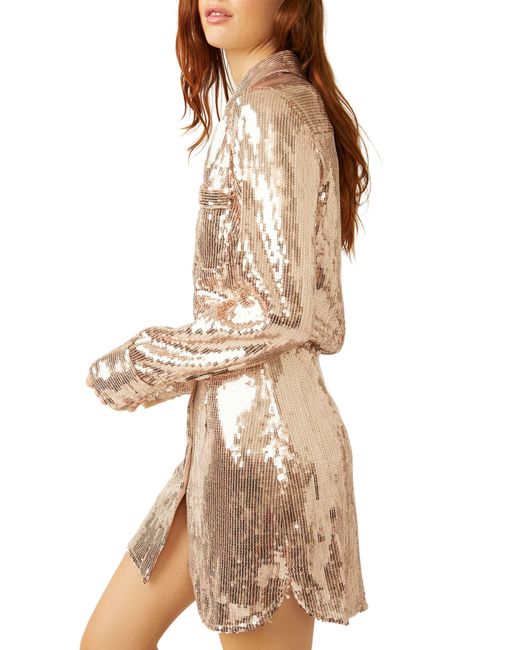 Free People Natural Sophie Sequin Long Sleeve Shirtdress
