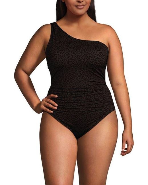 Lands' End Black Chlorine Resistant Shirred One Shoulder One Piece Swimsuit Removable Adjustable Strap