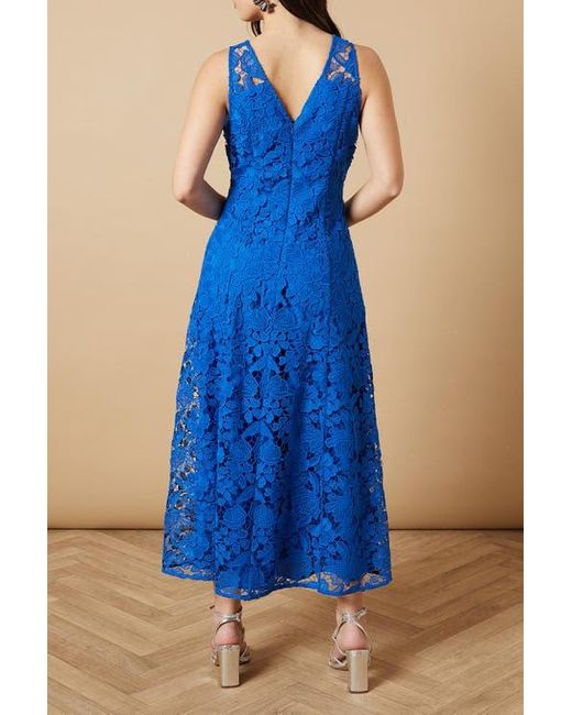 Oasis Blue Floral Lace V-Neck Midi Dress