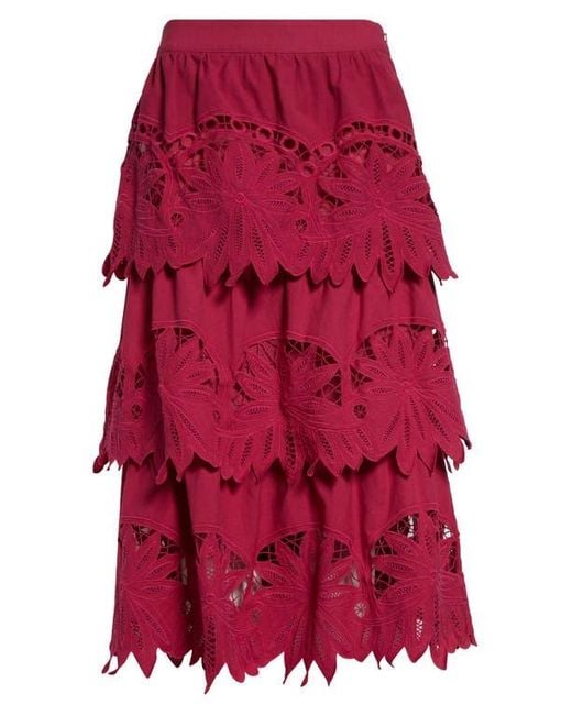 Farm Rio Pink Daisy Guipure Lace Cotton & Linen Tiered Skirt