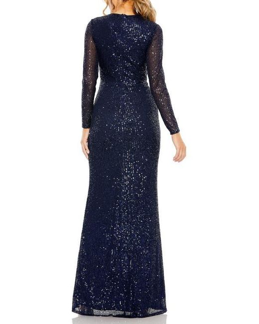 Mac Duggal Blue Sequined Long Sleeve Side Knot Gown