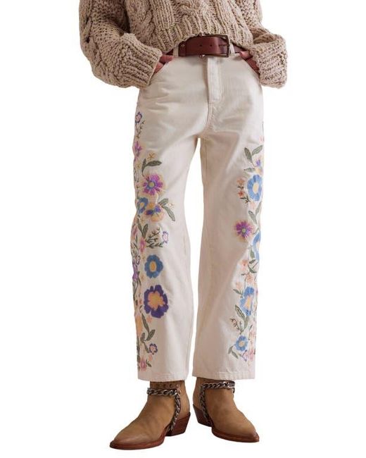 Free People Natural Willow Floral Embrodiered Straight Leg Jeans