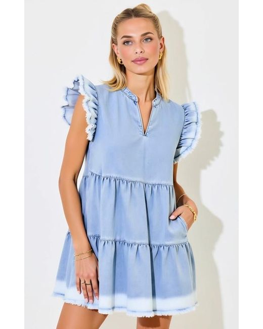 Modenaire Blue Tiered Denim Ruffle-Sleeve Frayed-Hem Mini Dress