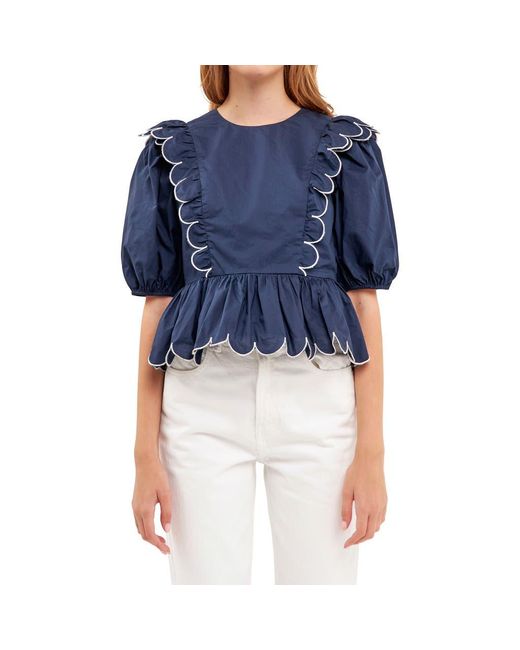 English Factory Blue Contrast Scalloped Trim Cotton Top