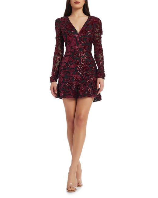 Dress the Population Red Kelsey Sequin Floral Long Sleeve Minidress