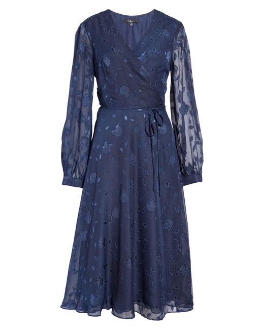 Lulus Blue Evening Of Elegance Floral Long Sleeve Midi Wrap Dress