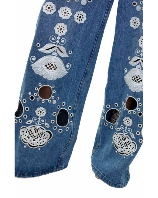 Cynthia Rowley Blue Embroidered Wide-Leg Jean