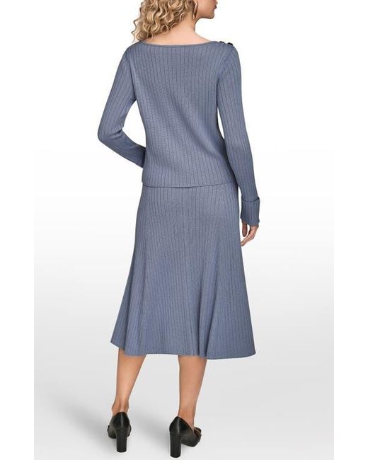 Donna Karan Blue Button Shoulder Boat Neck Rib Sweater