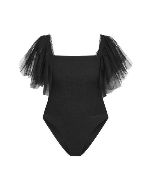 City Chic Black Azariah Shirred Tulle Sleeve Bodysuit
