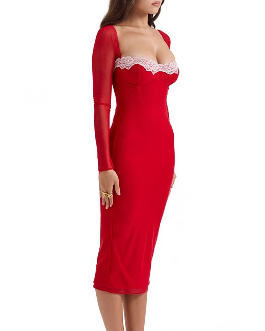 House Of Cb Red Seraphina Corset Detail Long Sleeve Dress