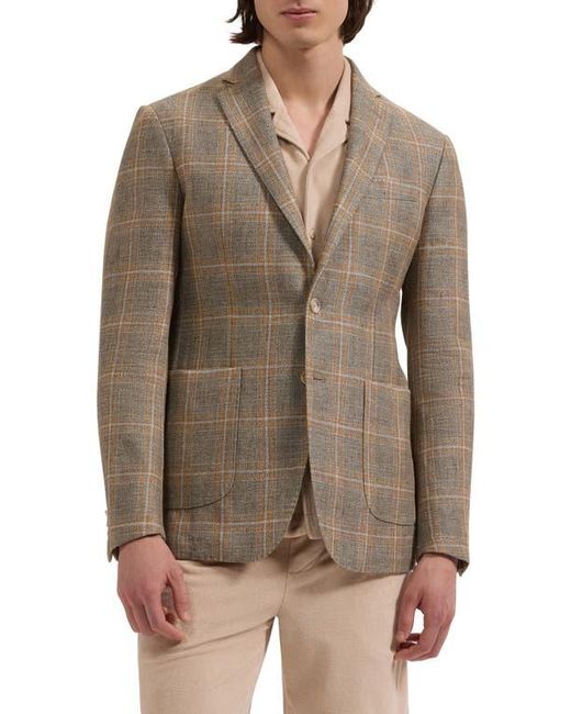 Bugatchi Brown Windowpane Check Cotton & Linen Blazer for men