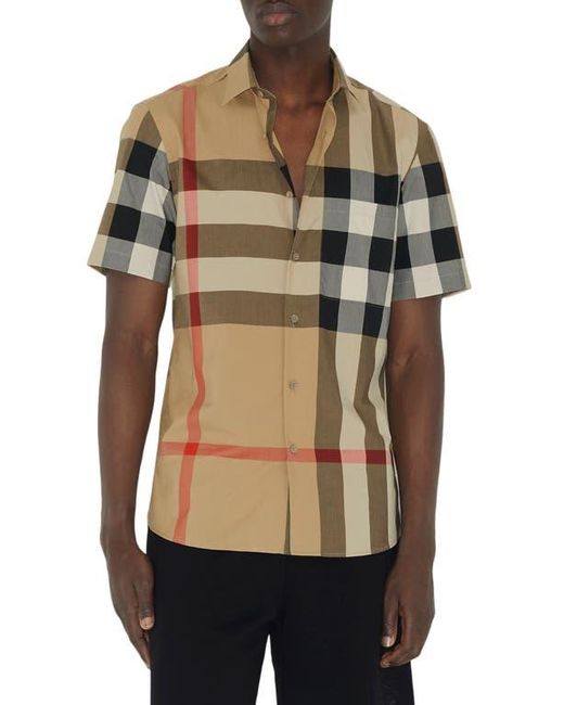 Burberry Natural Summerton Archive Short Sleeve Check Cotton Poplin Button-Up Shirt for men