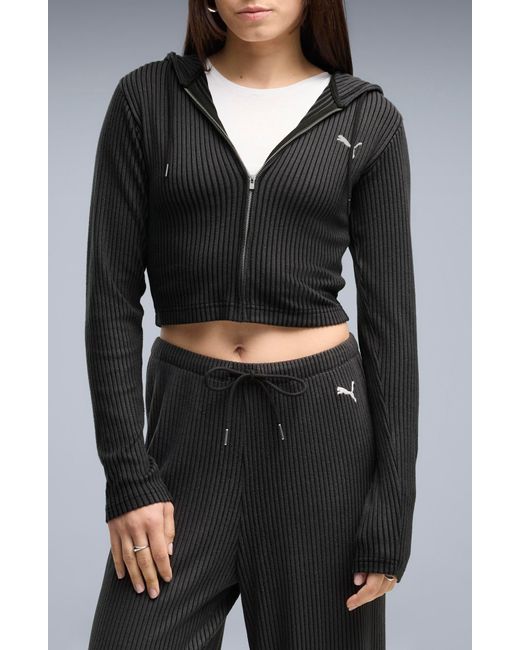 PUMA Black Essentials Ribbed Full Zip Hoodie