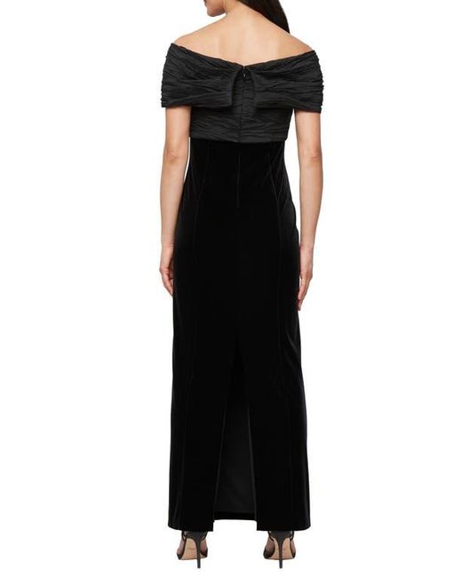 Alex Evenings Black Off The Shoulder Taffeta & Velvet Sheath Gown