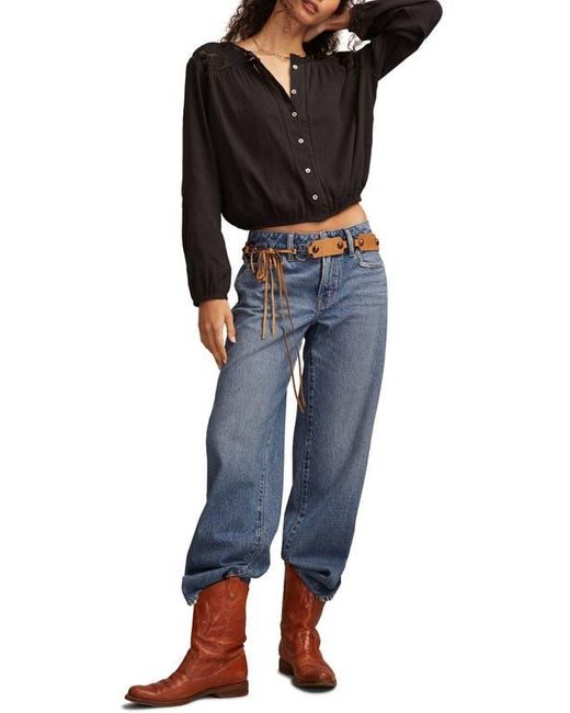 Lucky Brand Black Lace Inset Bubble Hem Cotton Button-Up Shirt