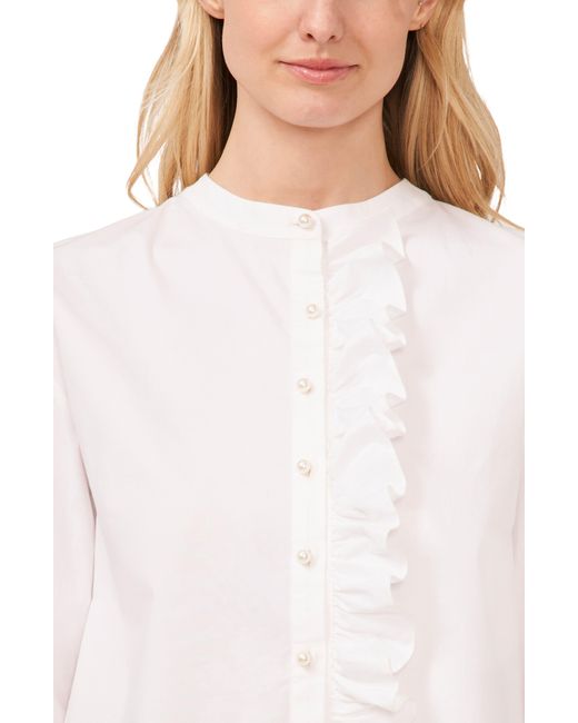 Cece White Imitation Pearl Detail Stretch Cotton Poplin Button-up Shirt