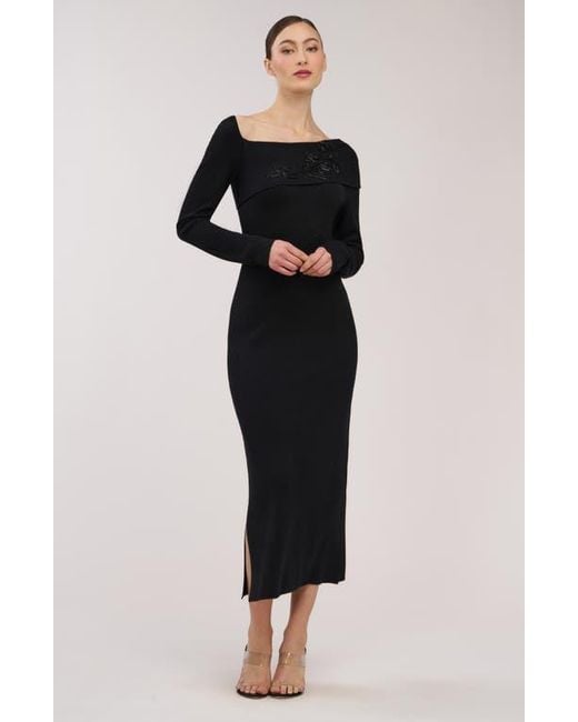 Kay Unger Imani Beaded Long Sleeve Midi Dress in Black