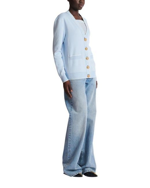 Balmain Blue Emblème-Embroidered Knit Cardigan